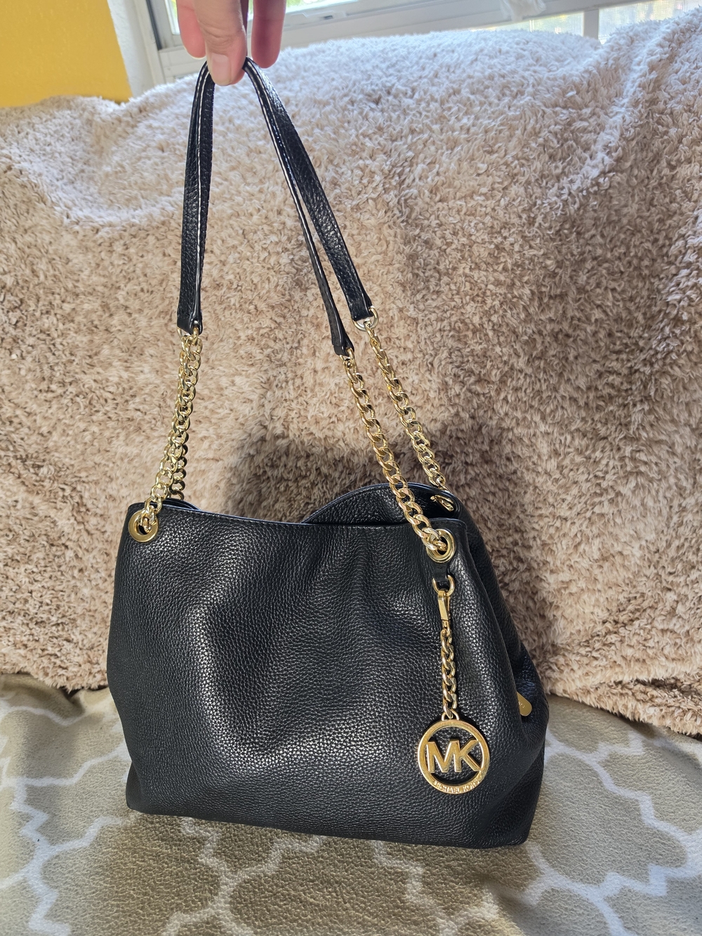 Michael Kors Black Pebbled Leather Shoulder Bag with Gold Accents